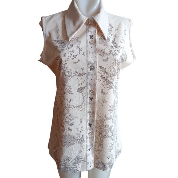 Large True Vintage Sleeveless Butterfly Print Polyester Blouse Sleeveless 1970's - Picture 1 of 9